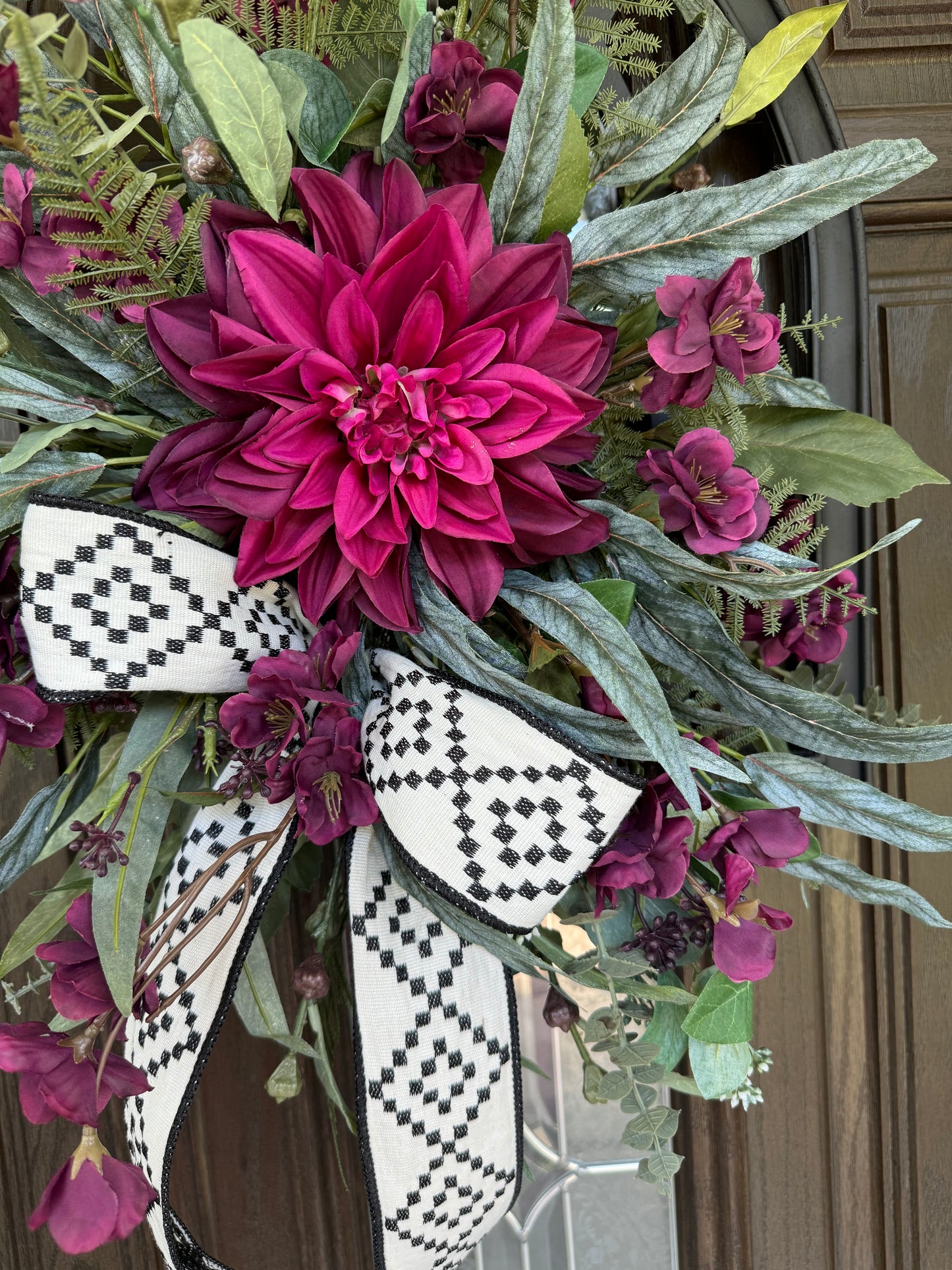 Burgundy Dahlia and Floral Wreath on Frame