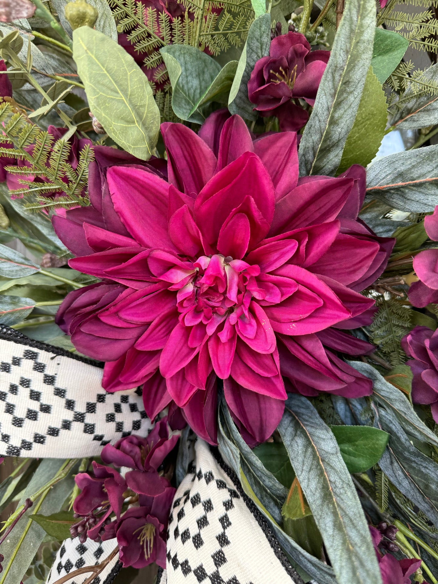 Burgundy Dahlia and Floral Wreath on Frame