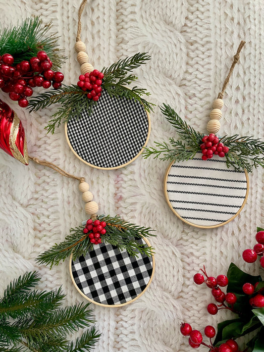 Black and White Buffalo Plaid Embroidery Hoop Ornaments