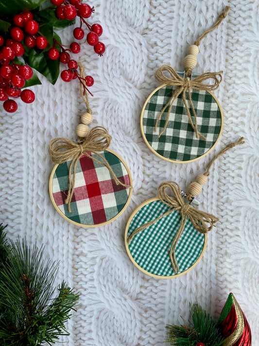 Red and Green Buffalo Plaid Embroidery Hoop Ornaments