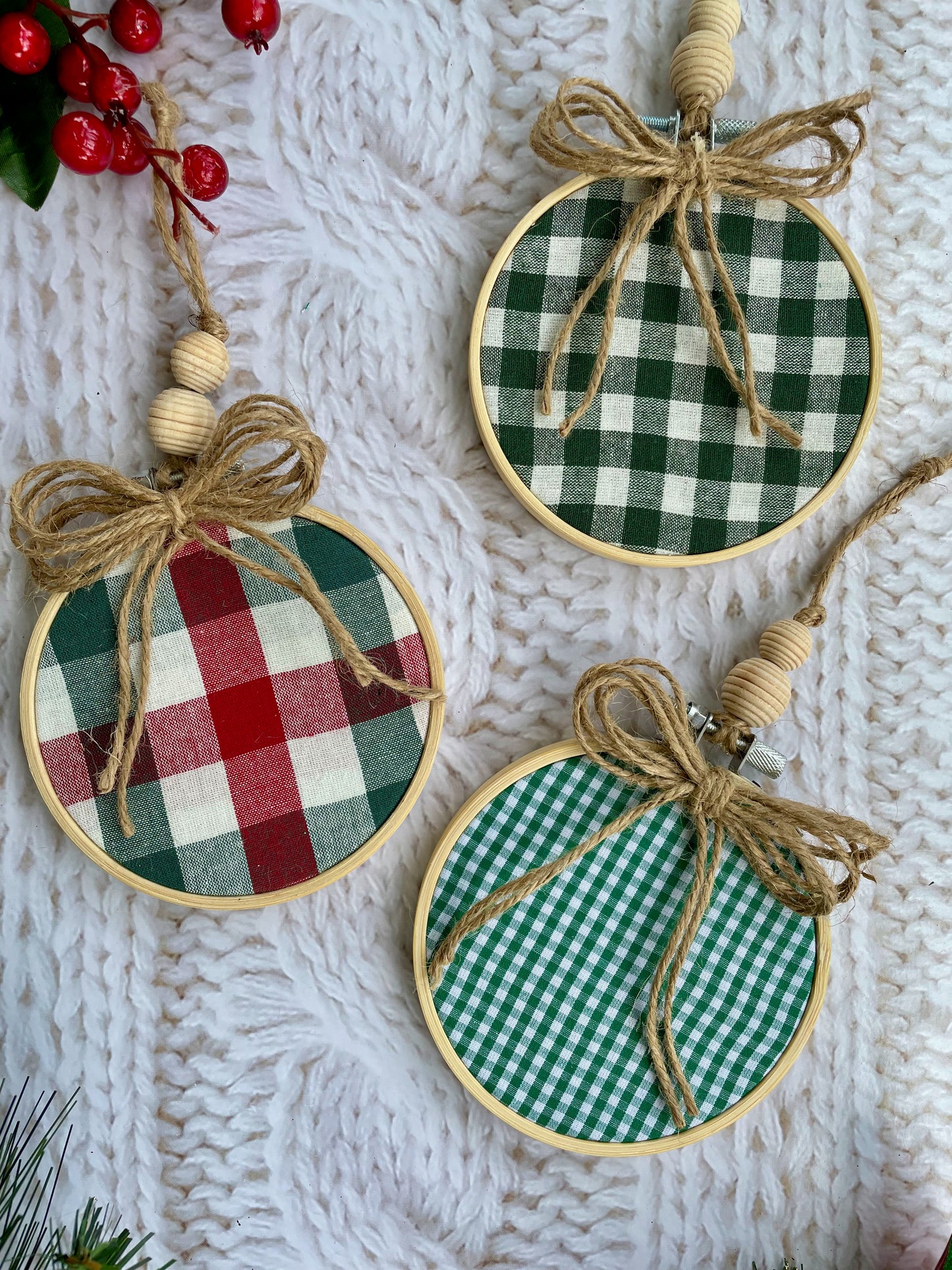 Red and Green Buffalo Plaid Embroidery Hoop Ornaments