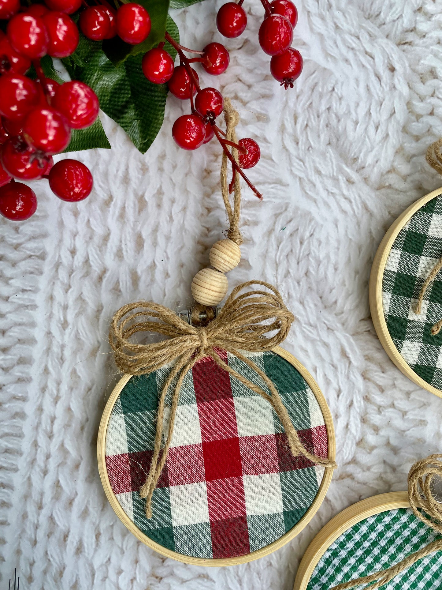 Red and Green Buffalo Plaid Embroidery Hoop Ornaments