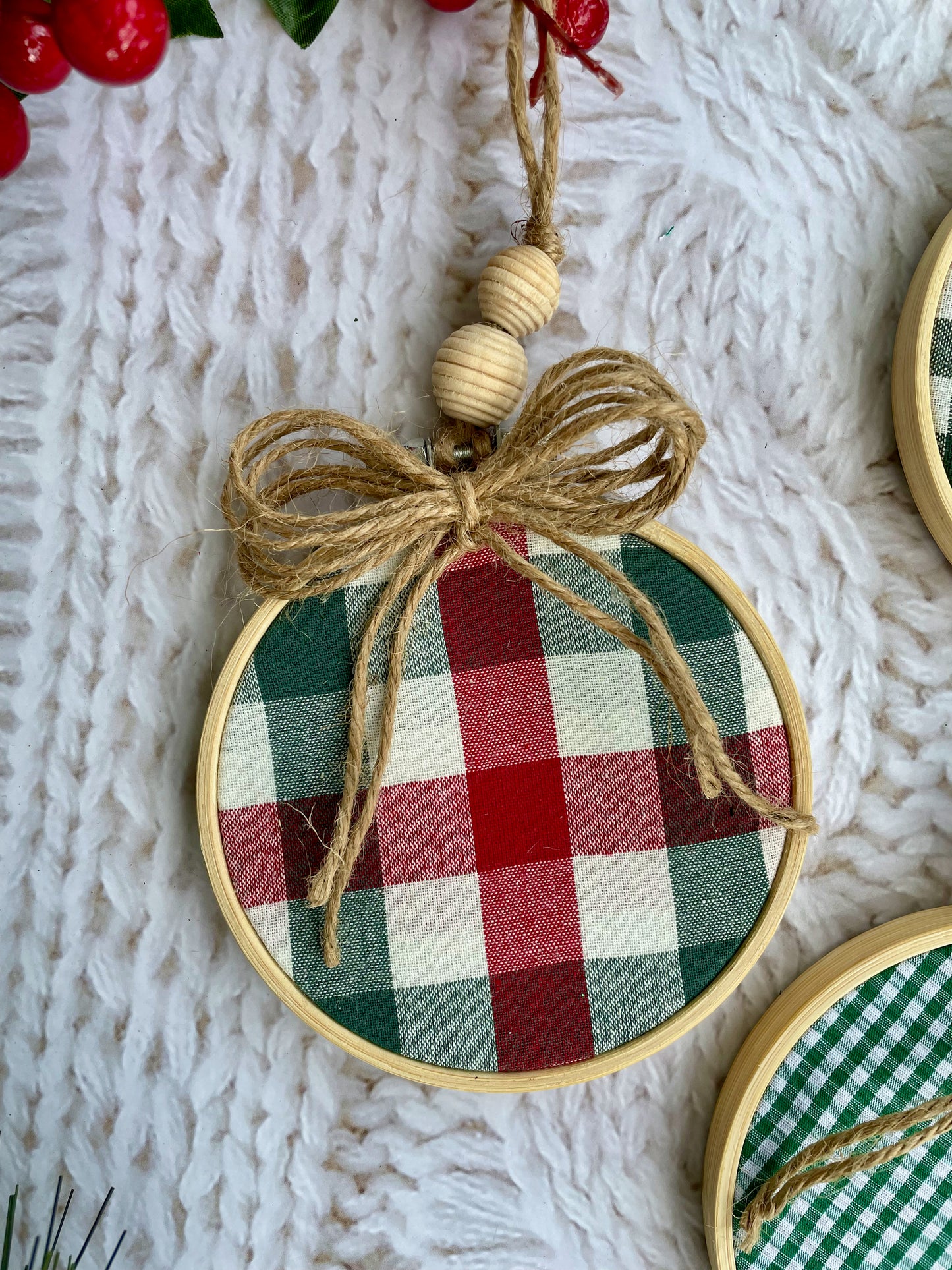 Red and Green Buffalo Plaid Embroidery Hoop Ornaments