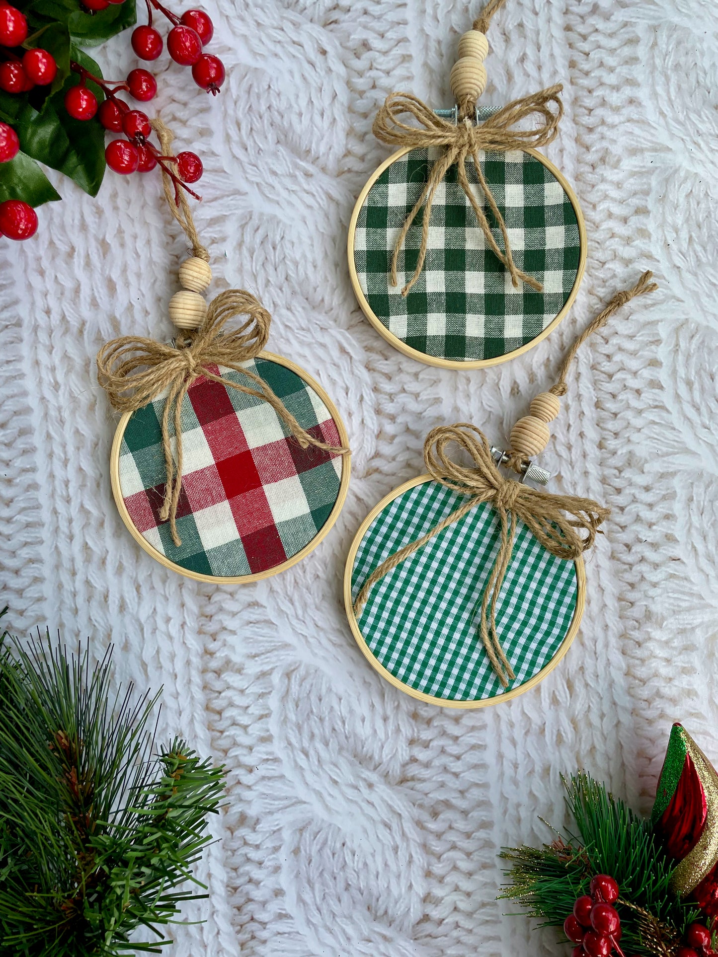 Red and Green Buffalo Plaid Embroidery Hoop Ornaments