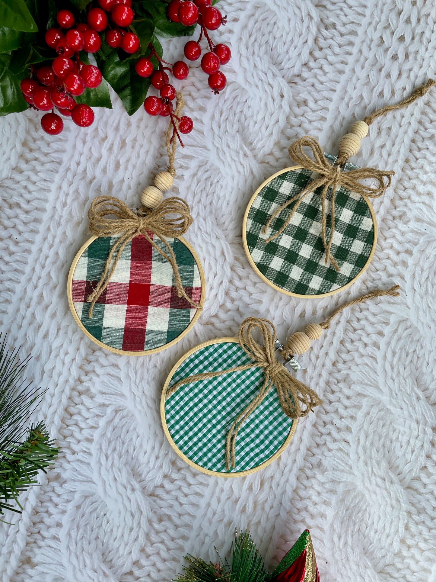 Red and Green Buffalo Plaid Embroidery Hoop Ornaments